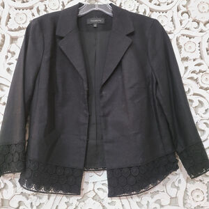 TALBOTS Sz 6 Black Crochet Lace Trim 3/4 Sleeves Linen Blazer Cropped Jacket